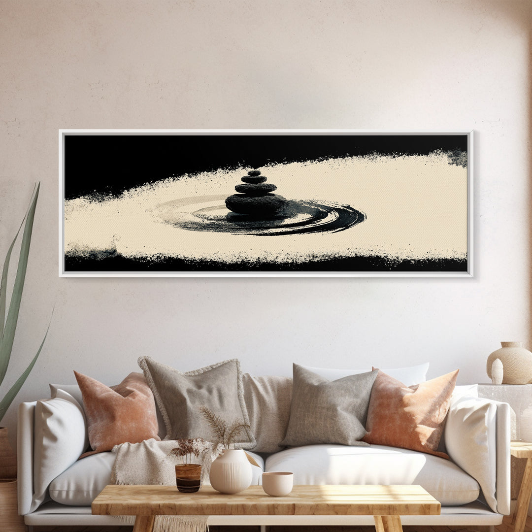 Minimal Zen Stone Stack In Black Ink Circle, Minimalist Wall Art, Japandi Wall Decor, Meditation Room Decor, Spa Home Decor
