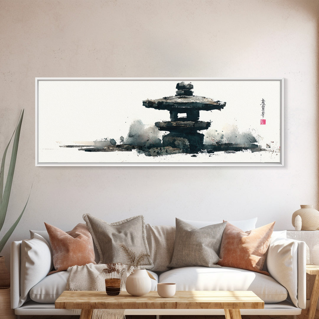 Minimal Japanese Pagoda Ink Wash Wall Art, Zen Framed Canvas Print For Japandi Decor, Asian Wall Decor And Meditation Room