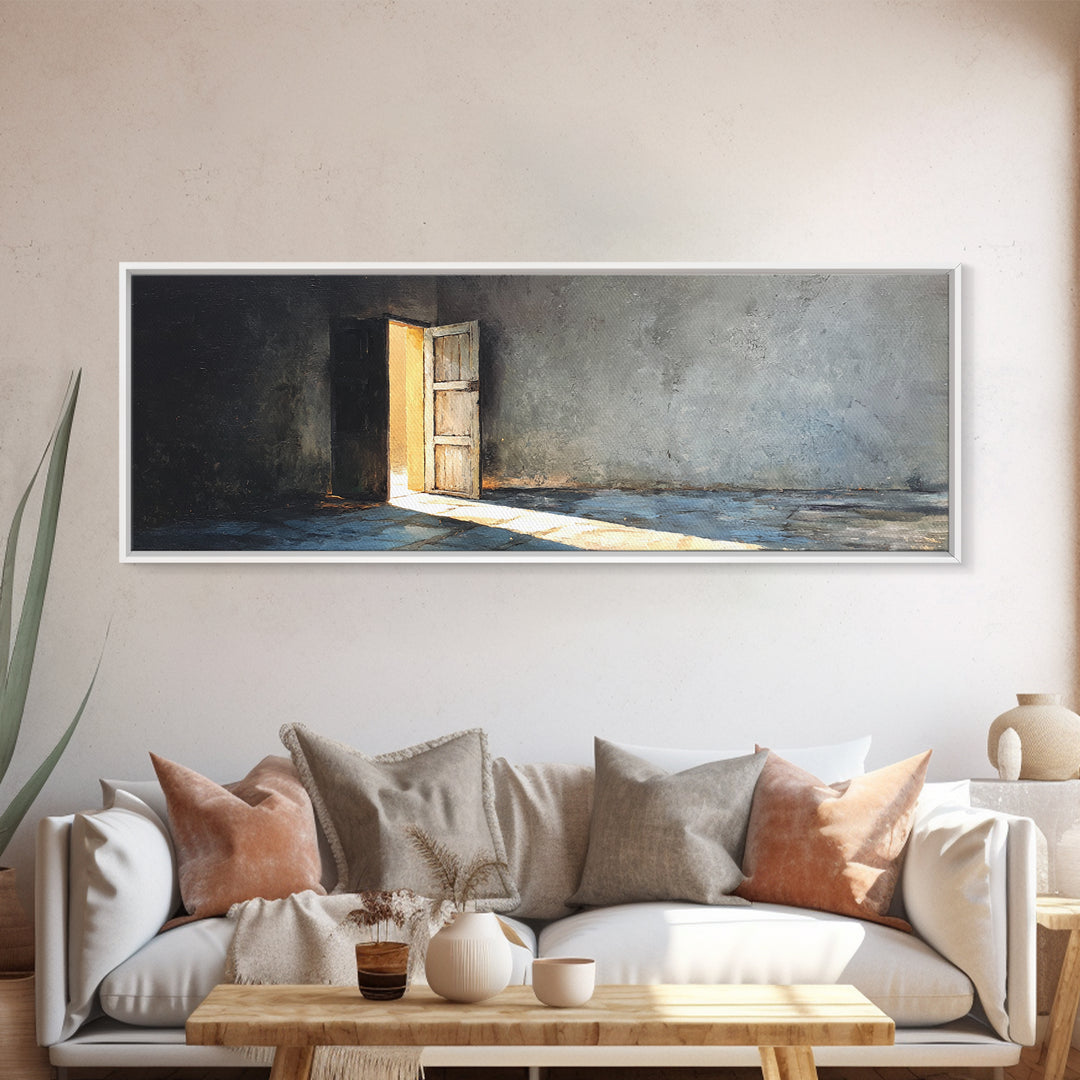 Sunlit Open Door In Moody Concrete Room Wall Art, Wabi Sabi Minimalist Print, Textured Neutral Decor For Living Room, Home Decor