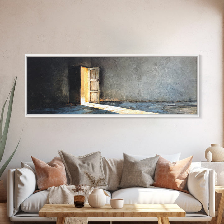 Sunlit Open Door In Moody Concrete Room Wall Art, Wabi Sabi Minimalist Print, Textured Neutral Decor For Living Room, Home Decor