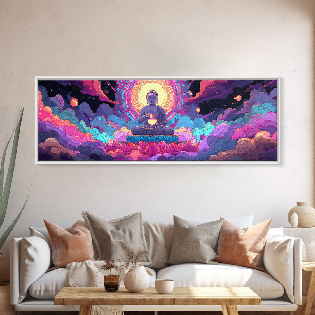 Radiant Buddha Lotus Meditation Canvas Print, Psychedelic Celestial Wall Art For Yoga Studio, Spiritual Home Decor Print