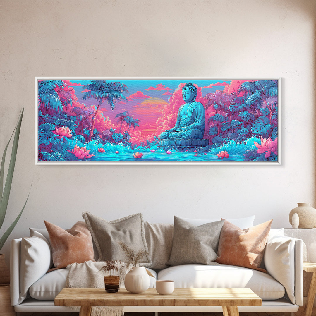 Pink Blue Buddha Garden Wall Art, Zen Meditation Canvas Print, Lotus Flower Spiritual Decor, Tropical Calming Room Art Print