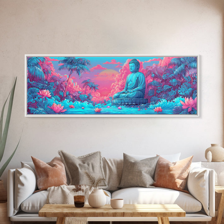 Pink Blue Buddha Garden Wall Art, Zen Meditation Canvas Print, Lotus Flower Spiritual Decor, Tropical Calming Room Art Print