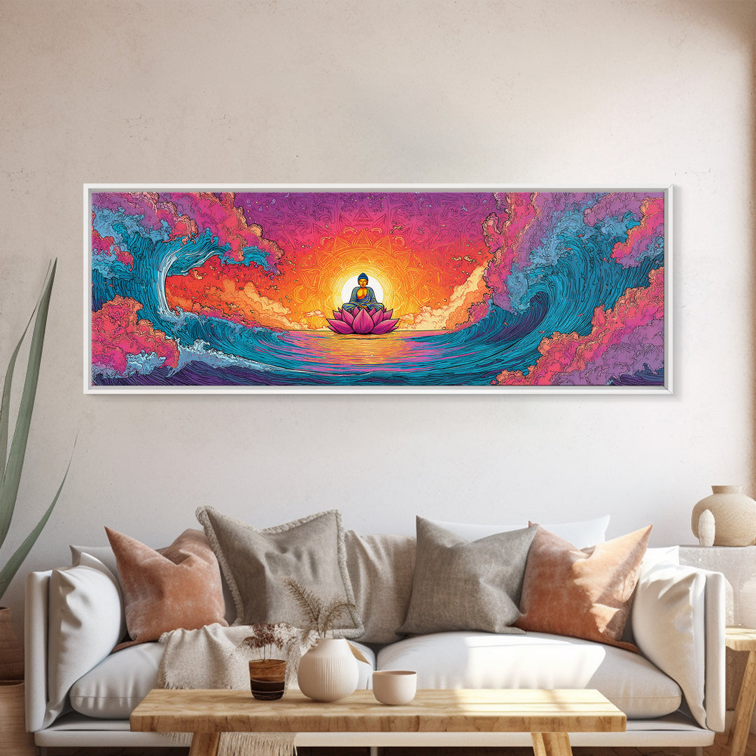 Pixel Buddha On Lotus Waves Wall Art, Celestial Meditation Canvas Print, Zen Yoga Room Decor, Vibrant Spiritual Gift For Home Decor