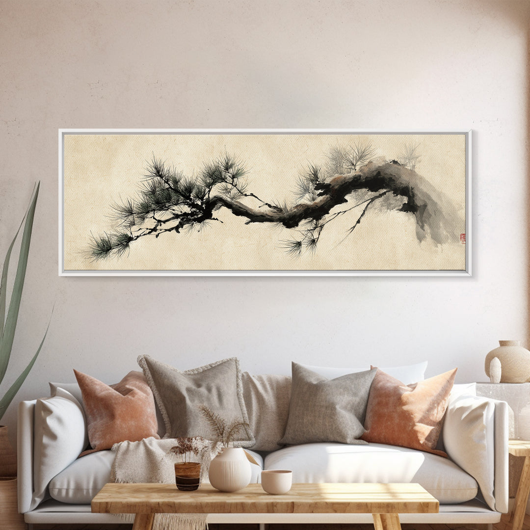 Japanese Ink Pine Branch Wall Art, Minimalist Zen Canvas Print, Asian Botanical Decor, Wabi Sabi Living Room Art, Home Decor
