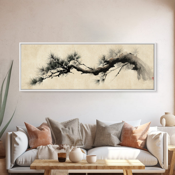 Japanese Ink Pine Branch Wall Art, Minimalist Zen Canvas Print, Asian Botanical Decor, Wabi Sabi Living Room Art, Home Decor