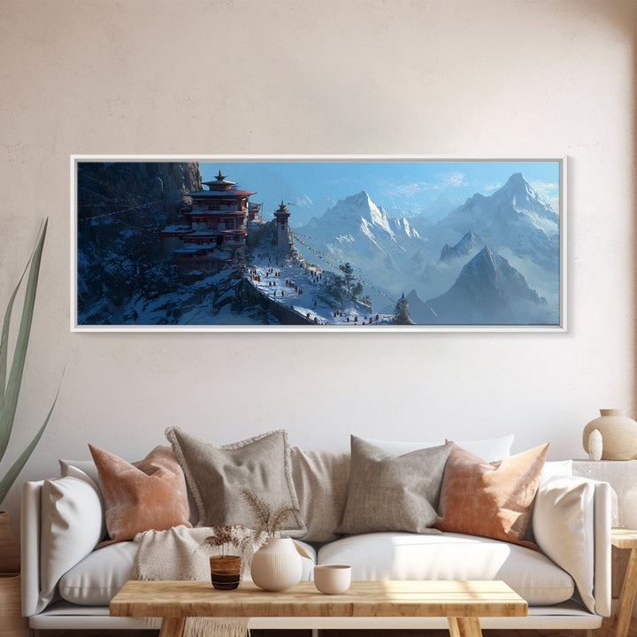 Himalayan Mountain Monastery Framed Canvas Print, Asian Landscape Art, Buddhist Wall Art, Travel Poster, Meditation Room Decor