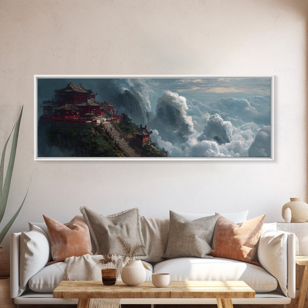 Cloud Temple Mountain Wall Art, Asian Pagoda Fantasy Landscape, Zen Home Decor Framed Canvas Print, Large Living Room Art
