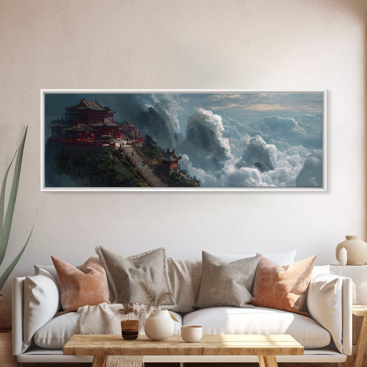 Cloud Temple Mountain Wall Art, Asian Pagoda Fantasy Landscape, Zen Home Decor Framed Canvas Print, Large Living Room Art