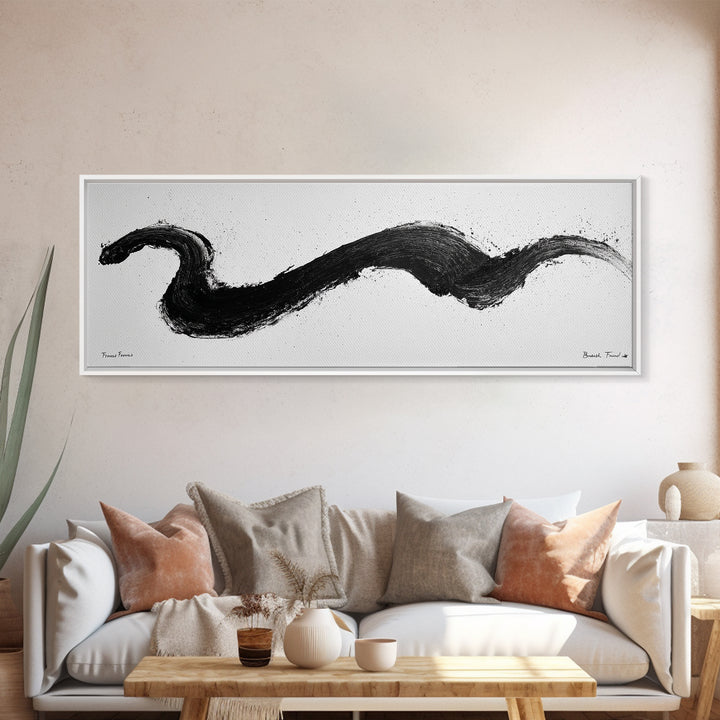 Black Brushstroke Abstract Wall Art, Minimalist Ink Canvas Print, Black And White Modern Office Decor, Horizontal Wall Art