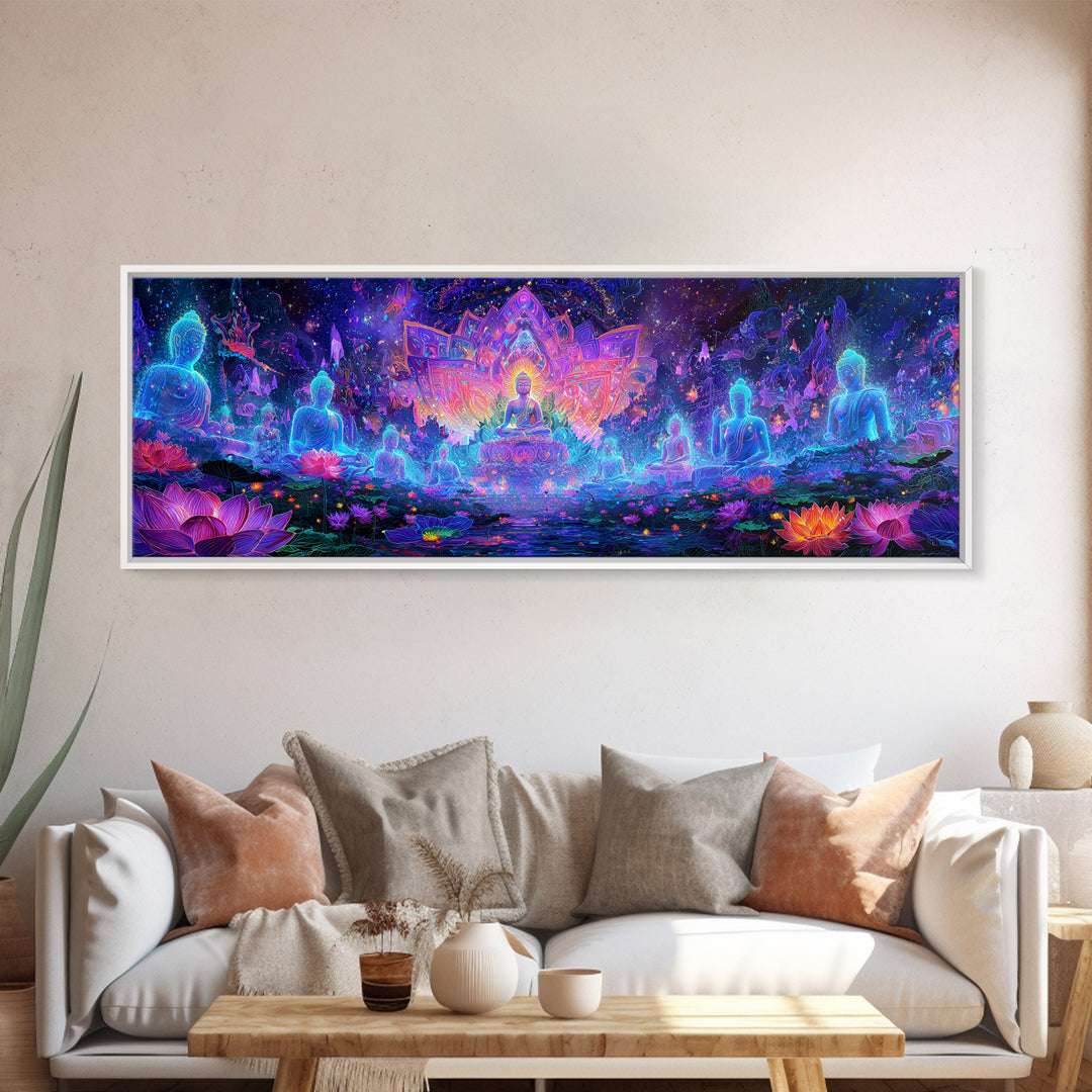 Glowing Lotus Buddha Meditation Wall Art, Psychedelic Spiritual Canvas Print, Yoga Studio Decor, Celestial Mindfulness Gift