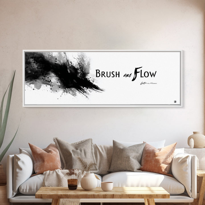 Brush And Flow Black Ink Canvas Print, Abstract Calligraphy Wall Art, Minimalist Black And White Office Wall Decor Print