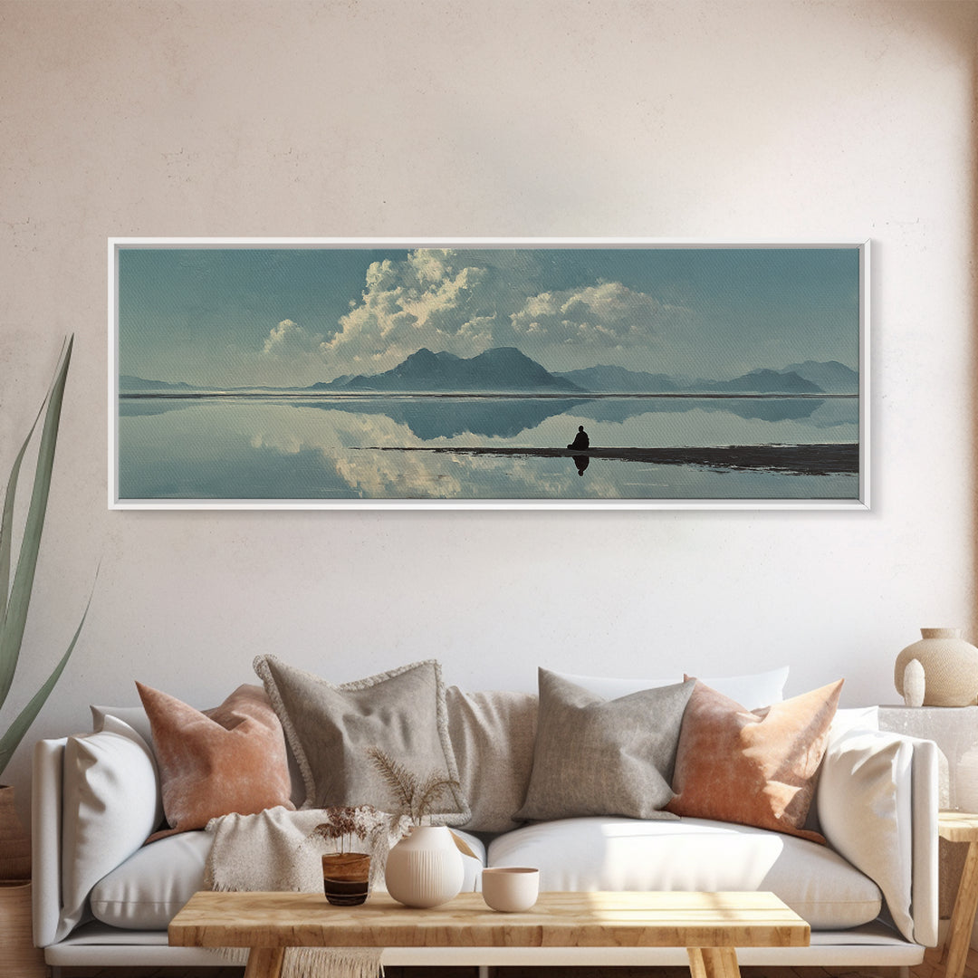 Quiet Mountain Lake Reflection With Lone Figure, Minimalist Wall Art, Landscape Canvas Print, Neutral Living Room Decor