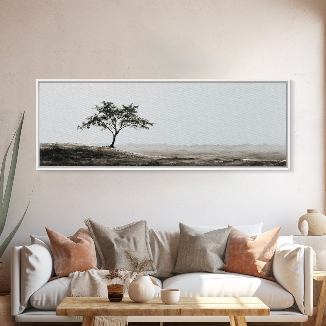 Lone Tree Misty Minimalist Wall Art, Black And White Landscape Print, Neutral Wall Decor, Japandi Office Art, Calming Decor