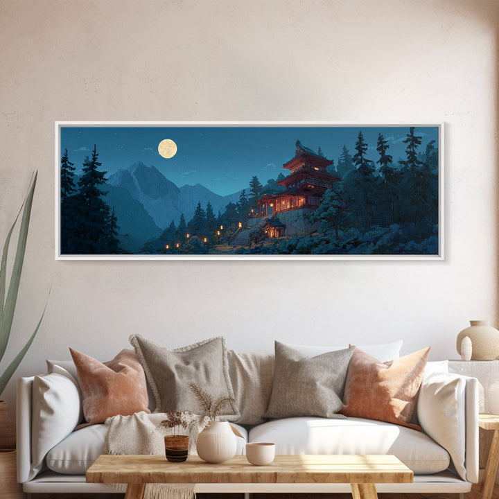 Moonlit Japanese Pagoda In Snowy Pines Wall Art, Japandi Mountain Landscape Canvas Print, Zen Decor, Serene Winter Home Decor