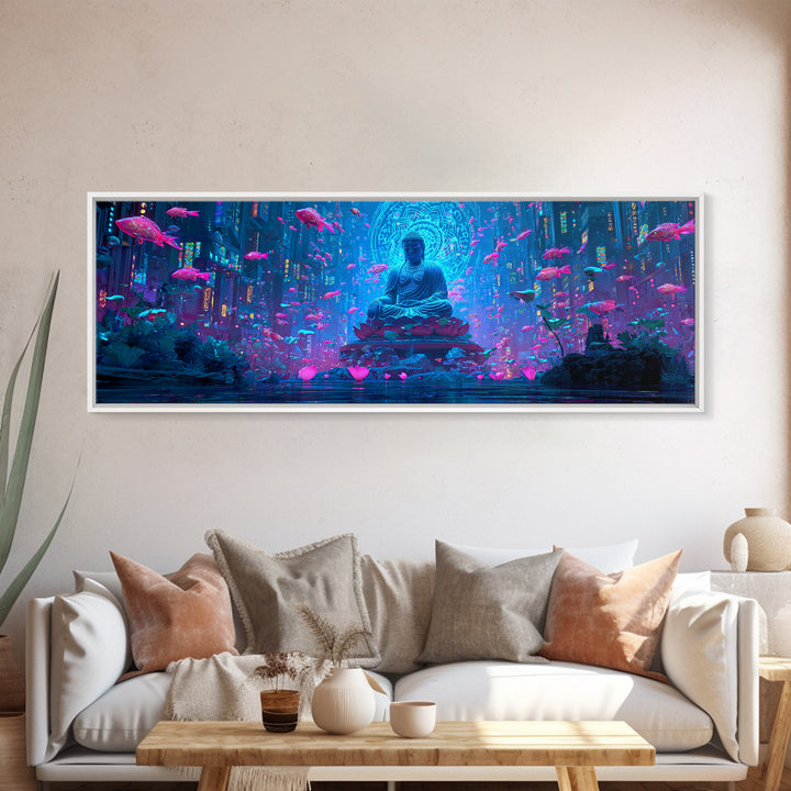 Neon Buddha Fish Temple Canvas Print, Zen Cyberpunk Wall Art, Meditation Room Decor, Futuristic Spiritual Wall Art Print