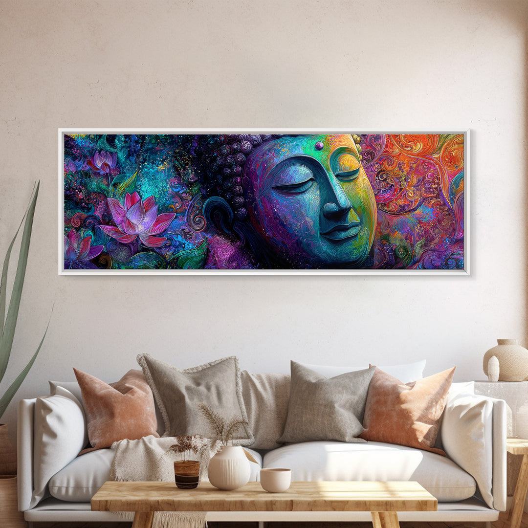 Vibrant Buddha With Lotus Framed Canvas Print, Psychedelic Spiritual Wall Art, Meditation Decor, Colorful Yoga Room Art Print