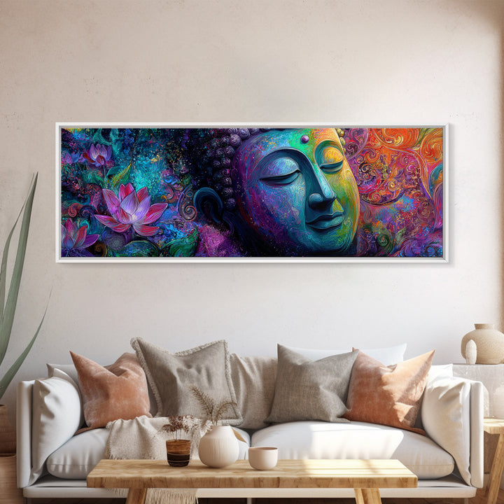 Vibrant Buddha With Lotus Framed Canvas Print, Psychedelic Spiritual Wall Art, Meditation Decor, Colorful Yoga Room Art Print
