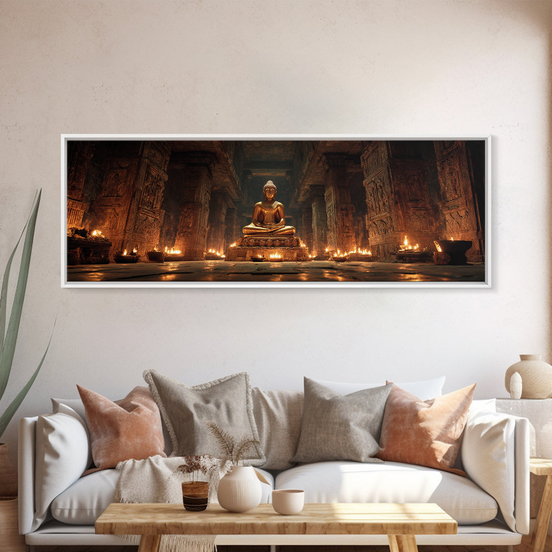 Golden Buddha In Candlelit Temple Framed Canvas Print, Spiritual Meditation Wall Art, Zen Spa Decor For Prayer Room And Yoga Room