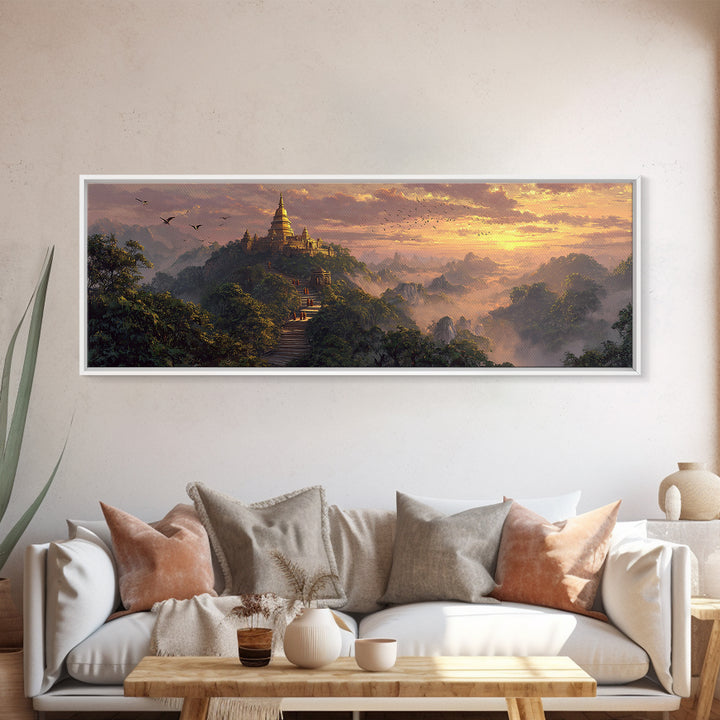 Golden Mountain Pagoda Temple Wall Art, Asian Jungle Sunrise Canvas, Spiritual Landscape Print, Meditation Room Decor, Zen Home Decor