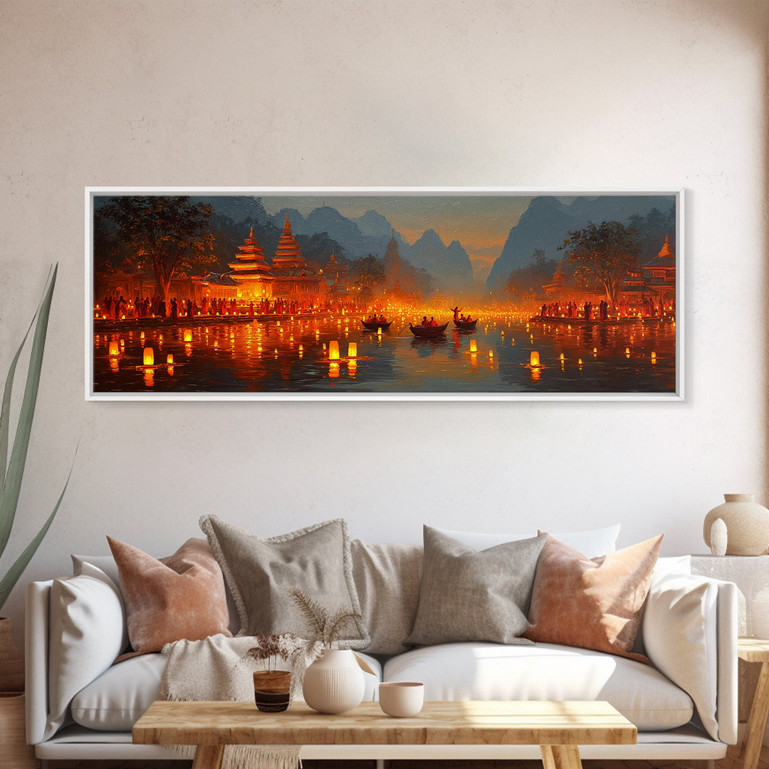 Glowing Lantern Festival Wall Art, Asian River Temple Canvas Print, Magical Night Landscape, Travel Inspired Home Decor Print