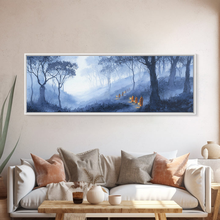 Misty Blue Enchanted Forest Wall Art, Hooded Lantern Path Fantasy Landscape, Dark Academia Decor, Gothic Canvas Print Gift