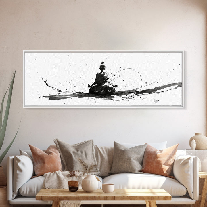 Minimalist Ink Meditation Figure Wall Art, Black And White Zen Canvas Print, Mindfulness Decor For Yoga Studio And Office