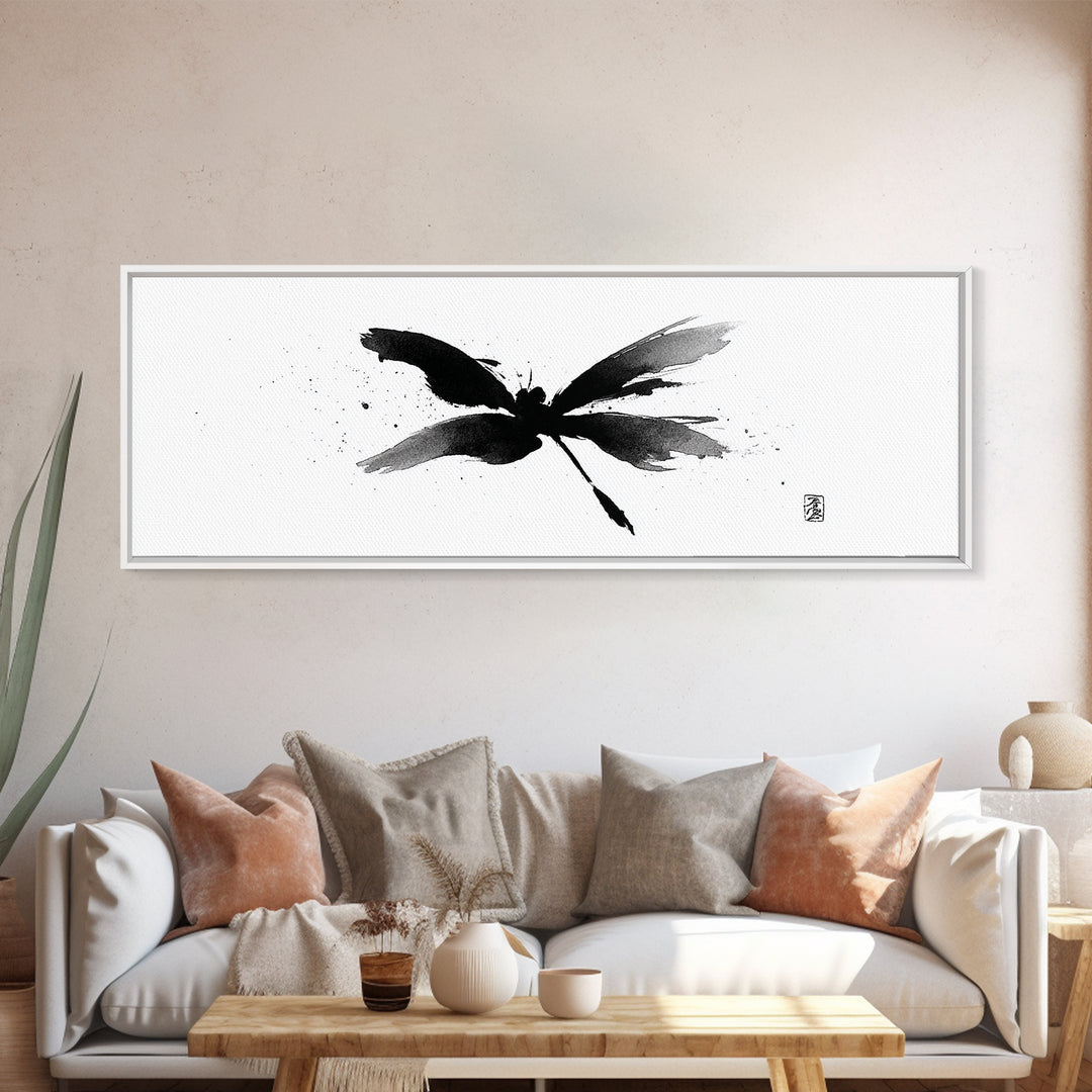Black Ink Dragonfly Wall Art, Minimalist Japanese Brush Painting, Zen Decor, Black And White Art, Horizontal Canvas Print