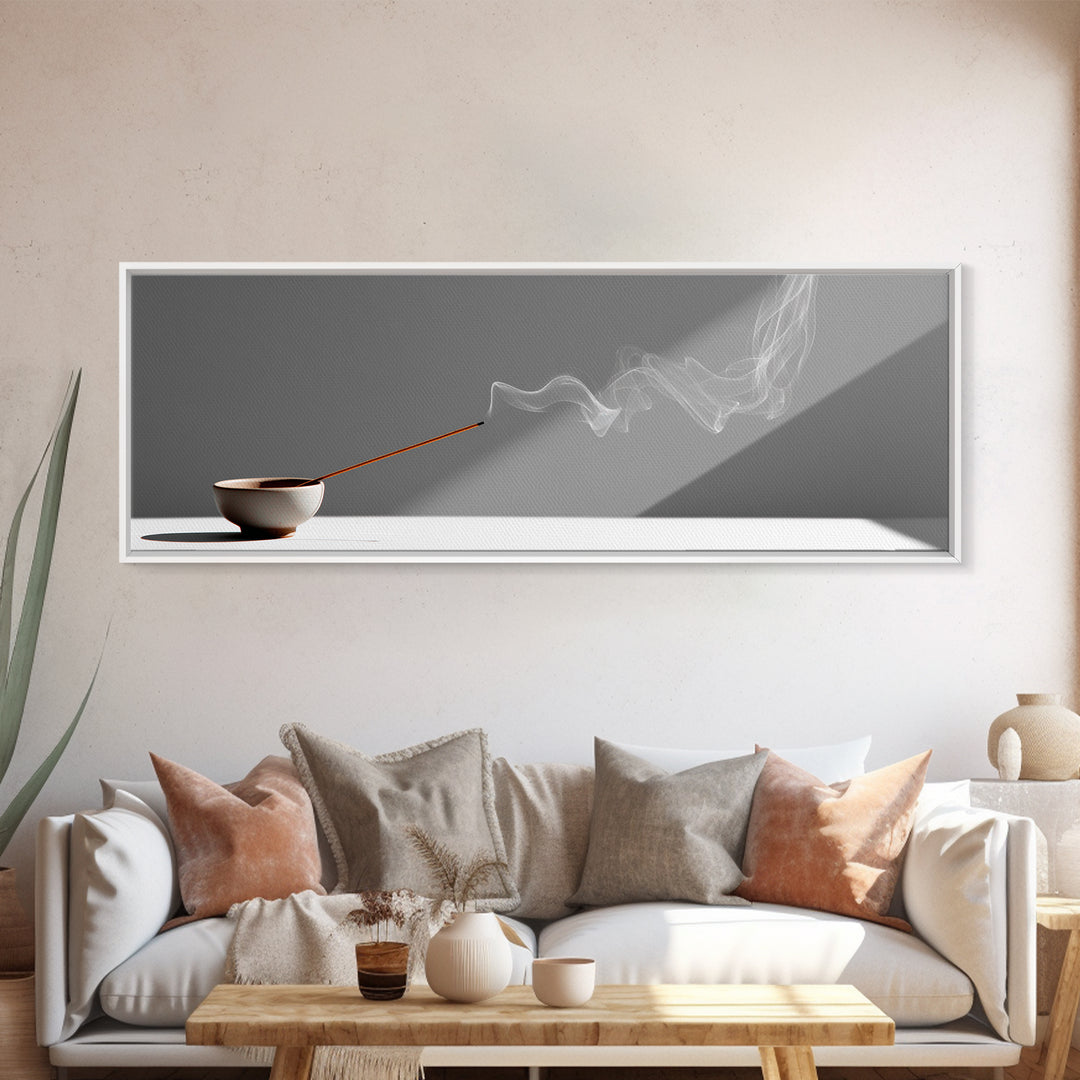 Minimal Incense Bowl With White Smoke Wall Art, Zen Meditation Decor, Japandi Minimalist Print For Spa Or Yoga Room, Home Decor