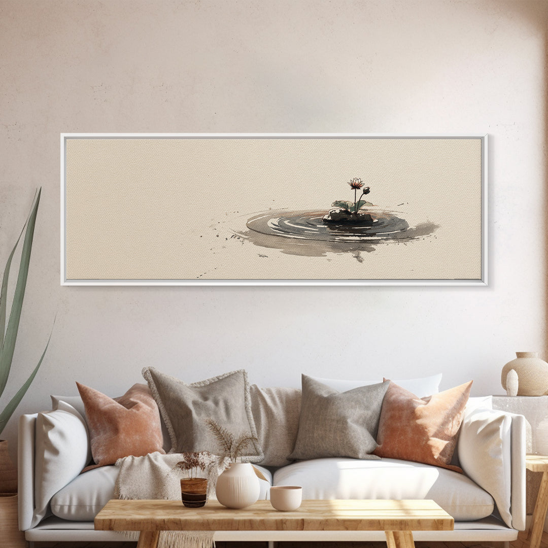 Minimal Zen Water Ripple With Tiny Flower Canvas Print, Wabi Sabi Wall Art, Japandi Decor, Neutral Minimalist Home Decor