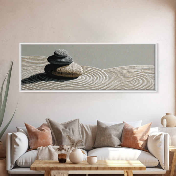Raked Sand Zen Stones Wall Art, Minimalist Canvas Print, Japandi Spa Decor, Neutral Wabi Sabi Calming Meditation Room Decor