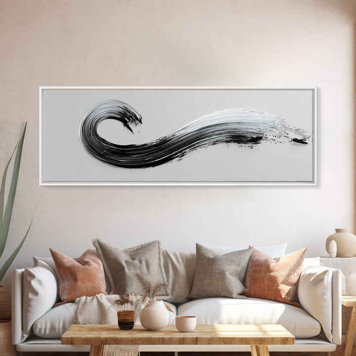 Black Ink Wave Canvas Print, Minimalist Wall Art, Japanese Sumi Painting, Abstract Line Art, Neutral Decor, Zen Office Poster