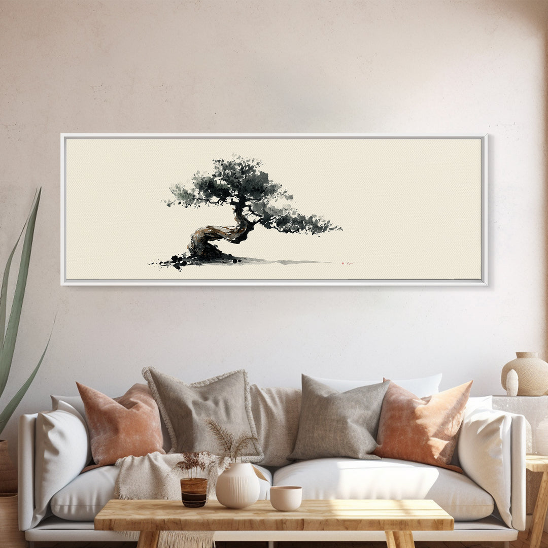 Minimalist Bonsai Tree Wall Art, Japanese Ink Painting Print, Zen Home Decor, Japandi Office Art, Calming Nature Canvas Print