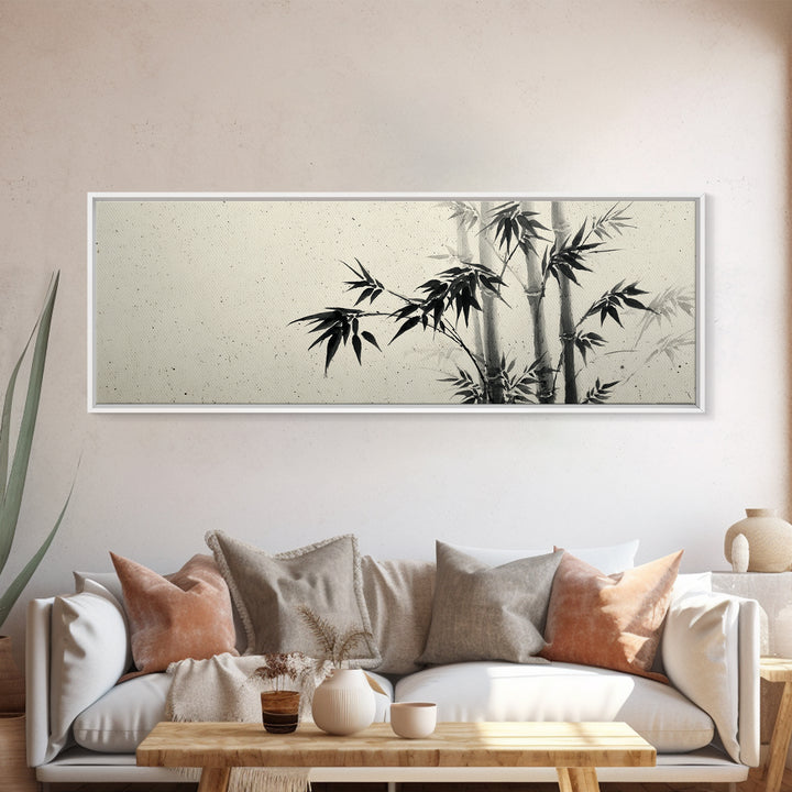 Minimalist Black Ink Bamboo Wall Art, Japanese Sumi Brush Canvas Print, Zen Botanical Decor For Calm Living Room Wall Decor
