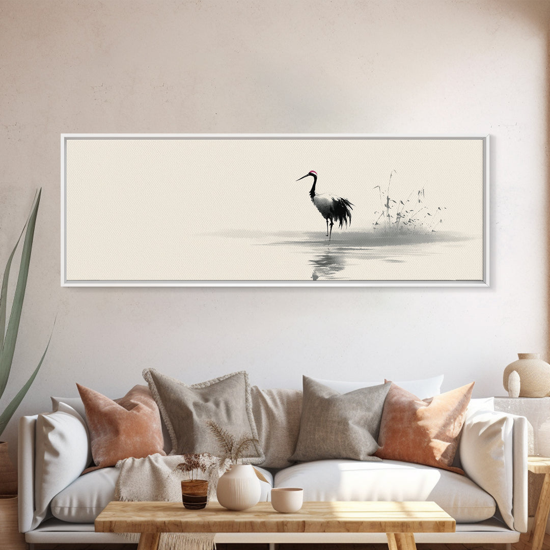 Minimalist Crane By Water Framed Canvas Print, Japanese Wall Art, Zen Bird Illustration, Neutral Living Room Decor, Fine Art Print