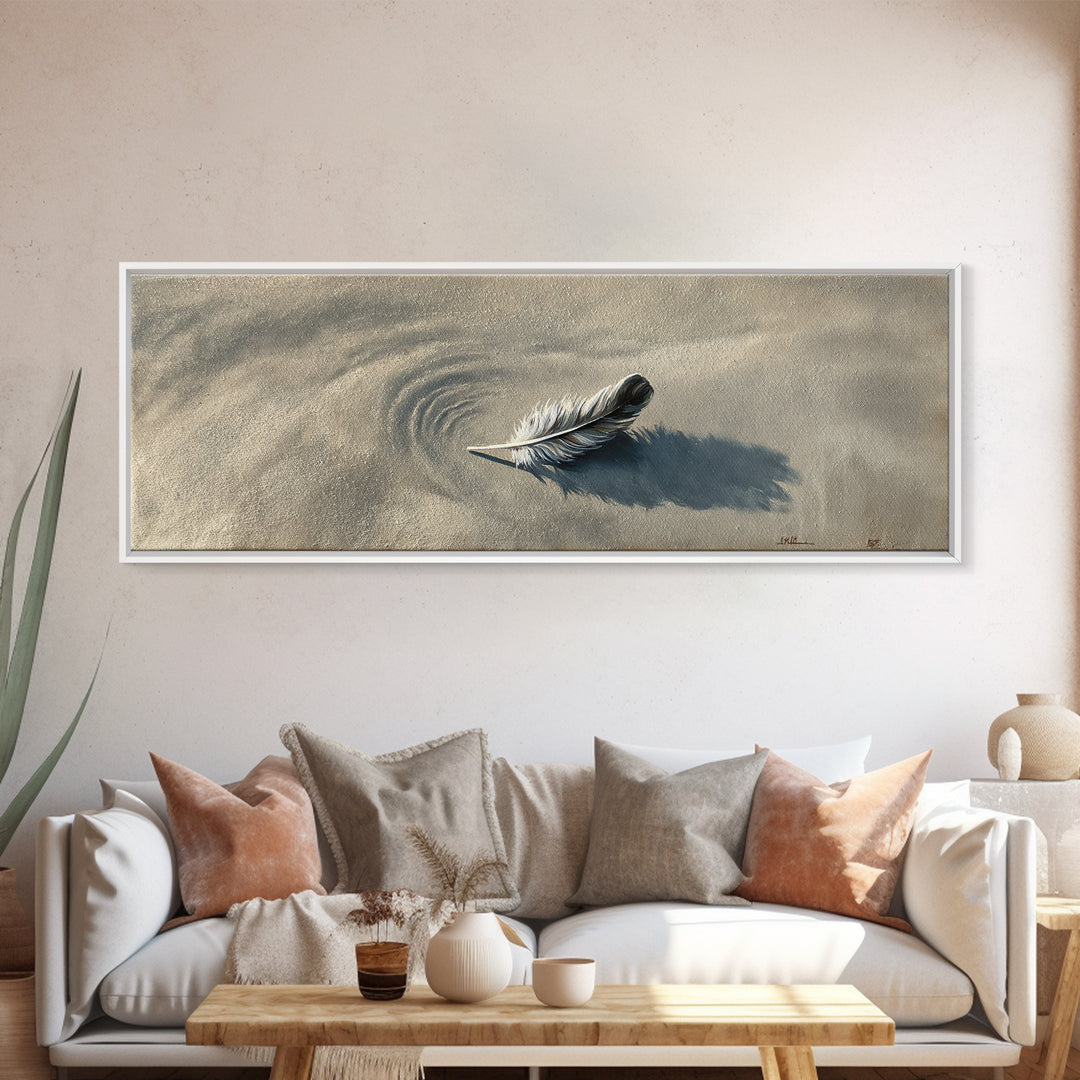 Feather On Sand Wall Art, Minimalist Coastal Nature Print, Neutral Beach Decor, Calming Wabi Sabi Wall Decor, Framed Canvas Print