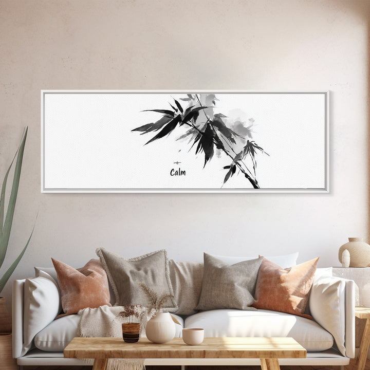 Black Ink Bamboo Calm Wall Art, Minimalist Japanese Zen Brush Painting, Black And White Decor, Peaceful Meditation Canvas Print