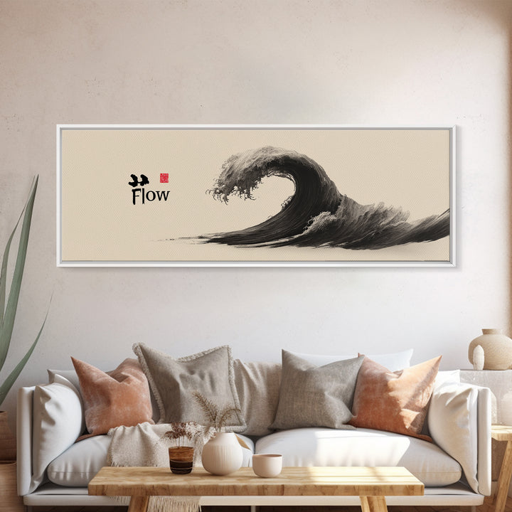 Japanese Ink Wave Flow Wall Art, Black And White Zen Ocean Canvas Print, Minimalist Japandi Decor For Meditation Room Home Decor