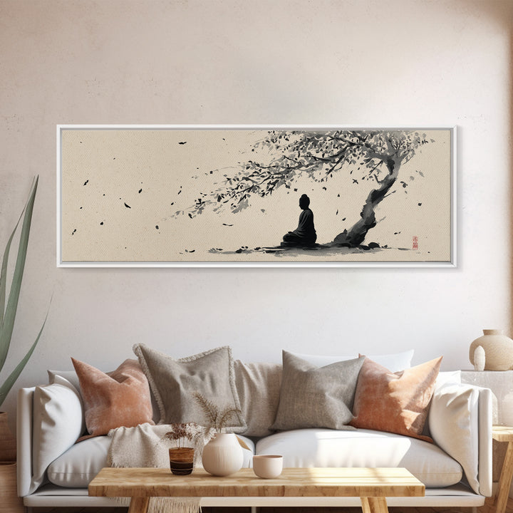 Zen Figure Under Windblown Tree Wall Art, Japanese Ink Landscape, Minimalist Zen Decor, Calming Meditation Room Art Print