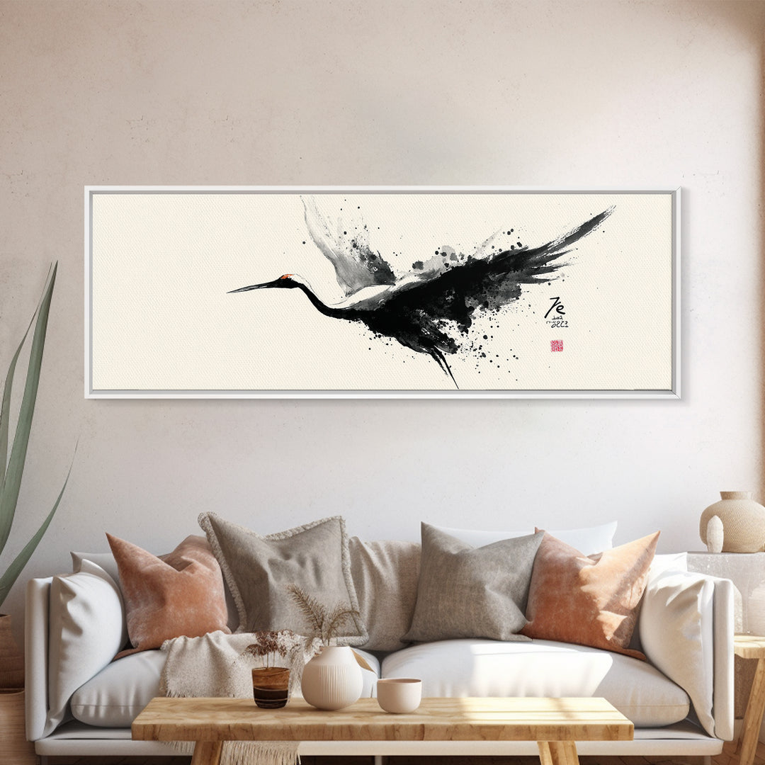 Black Ink Crane Wall Art, Japanese Brush Canvas Print, Minimalist Bird Art, Black And White Art, Zen Wall Decor, Asian Inspired Art