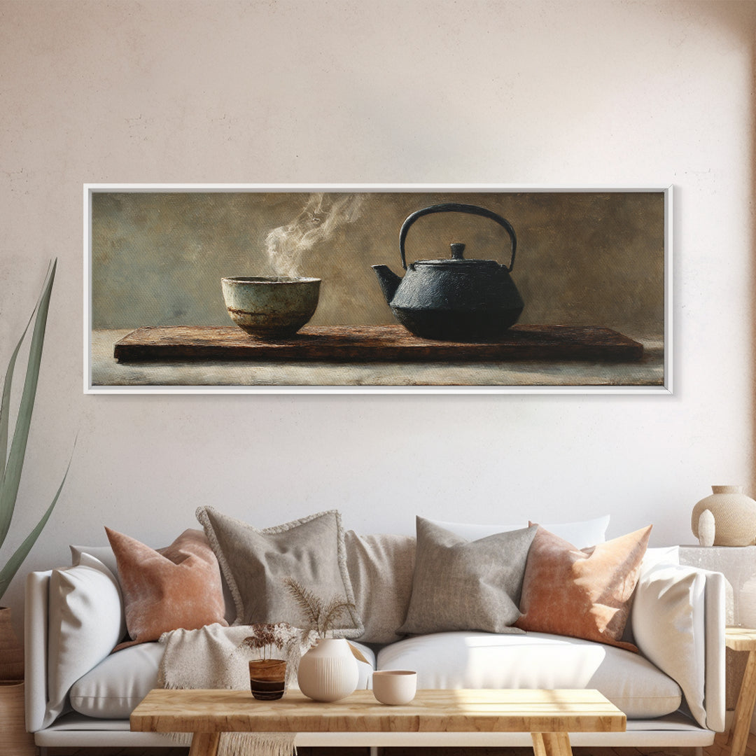Wabi Sabi Tea Bowl And Cast Iron Teapot Wall Art, Zen Kitchen Still Life, Japanese Minimalist Decor, Framed Canvas Print