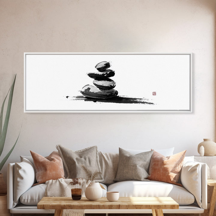 Stacked Zen Stones Canvas Print, Minimalist Wall Art, Sumi Ink Painting, Spa Decor, Meditation Room, Neutral Home Decor Art