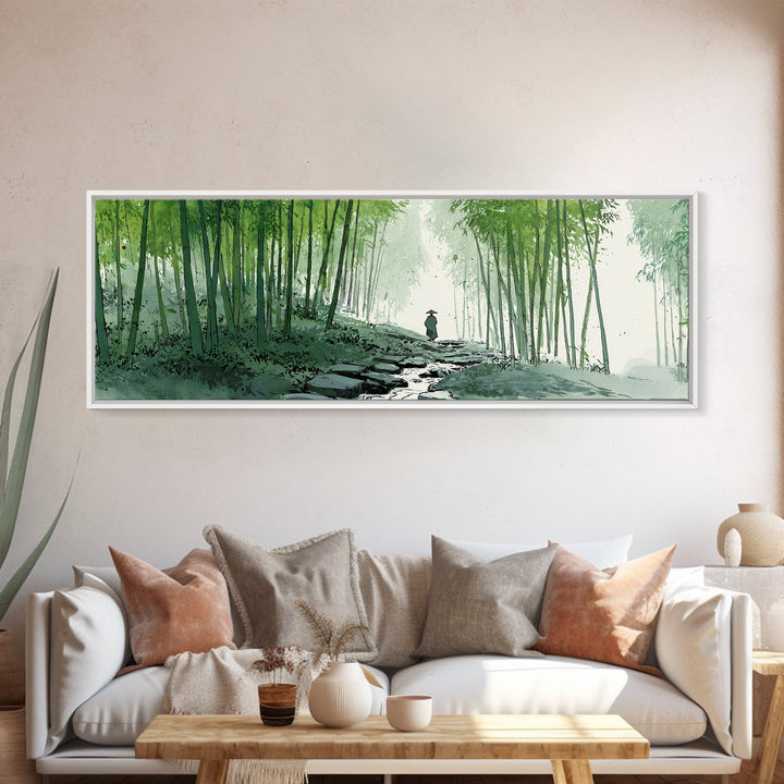 Bamboo Forest Path Canvas Print, Japanese Zen Landscape Wall Art, Green Nature Painting, Japandi Meditation Room Decor Print