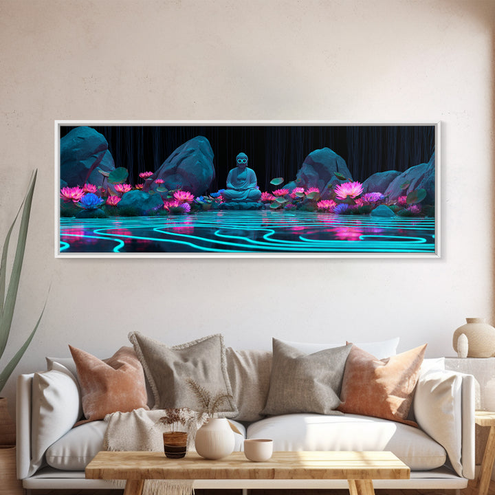 Neon Buddha Lotus Pond Wall Art, Zen Meditation Canvas, Spiritual Decor, Japandi Wall Decor, Yoga Room, Calming Art Print