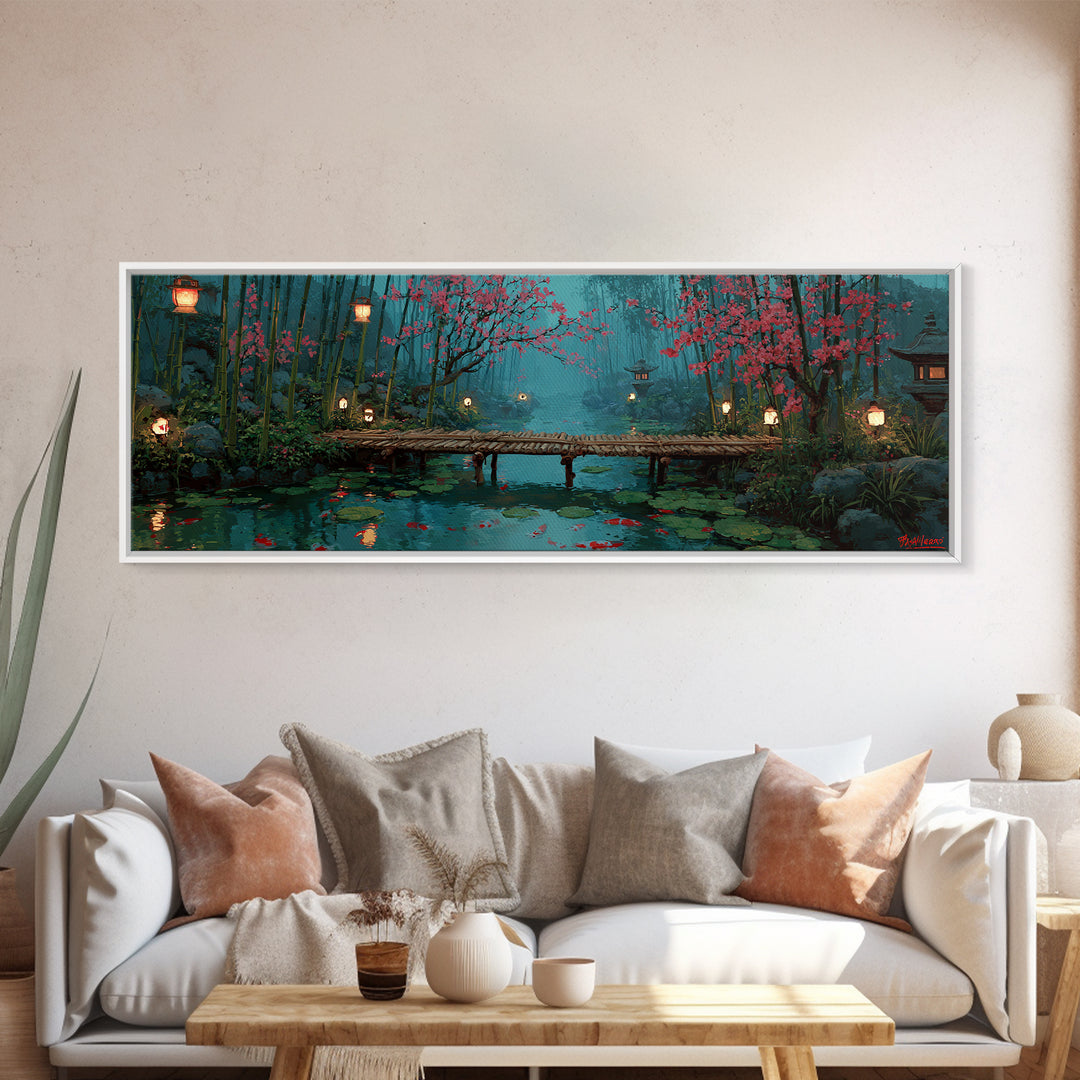 Cherry Blossom Bamboo Pond Wall Art, Japanese Lantern Bridge Canvas, Serene Zen Landscape, Japandi Living Room Decor, Calming Home Decor