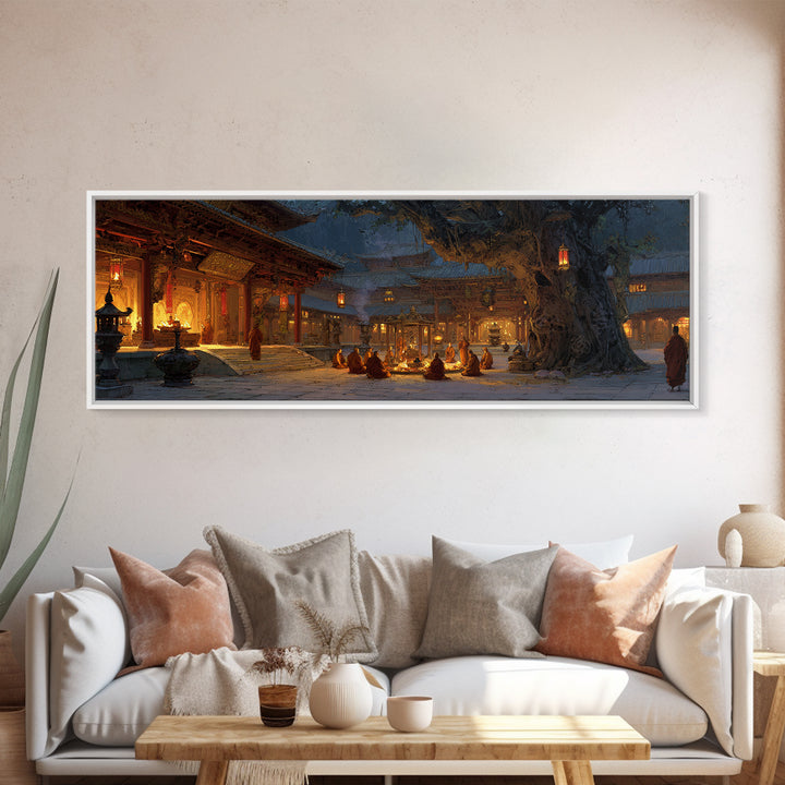 Snowy Temple Courtyard Wall Art, Lantern Lit Monastery Framed Canvas Print, Asian Inspired Decor, Meditation Room Art, Zen Decor
