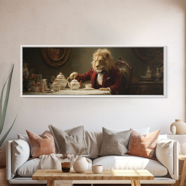 Dapper Lion Pouring Tea Framed Canvas Print, Whimsical Animal Wall Art, Victorian Decor, Dining Room Decor, Funny Gift For Cat Lovers
