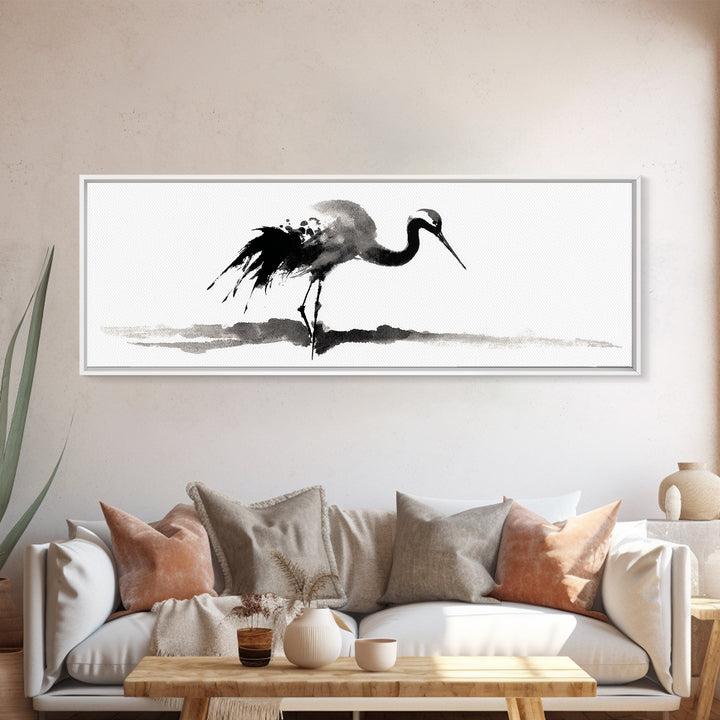 Black Ink Crane Wall Art, Minimalist Bird Painting Canvas Print, Japanese Wall Decor, Zen Home Decor, Black And White Art