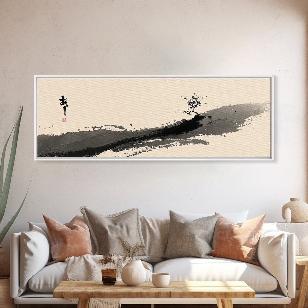 Minimal Ink Tree Canvas Print, Japanese Calligraphy Landscape Wall Art, Zen Brush Painting, Neutral Japandi Home Decor Print