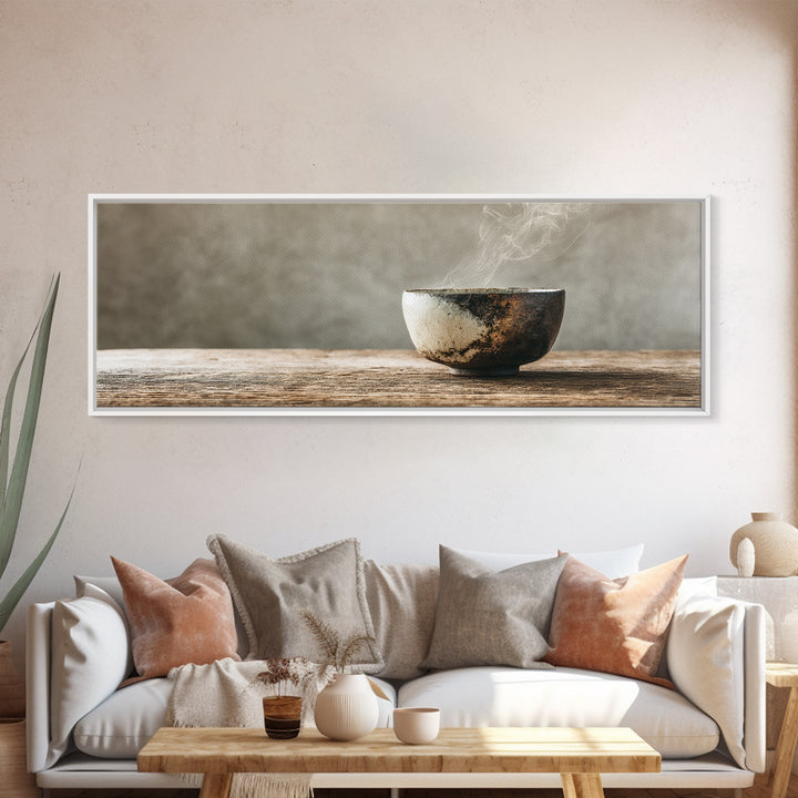 Steaming Wabi Sabi Ceramic Bowl Wall Art, Neutral Kitchen Canvas Print, Japandi Dining Room Decor, Minimalist Zen Fine Art Print